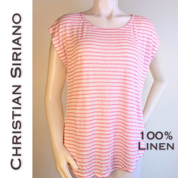 Christian Siriano Linen Top Medium Pink White Striped High Low Cap Sleeve NEW - Picture 1 of 9